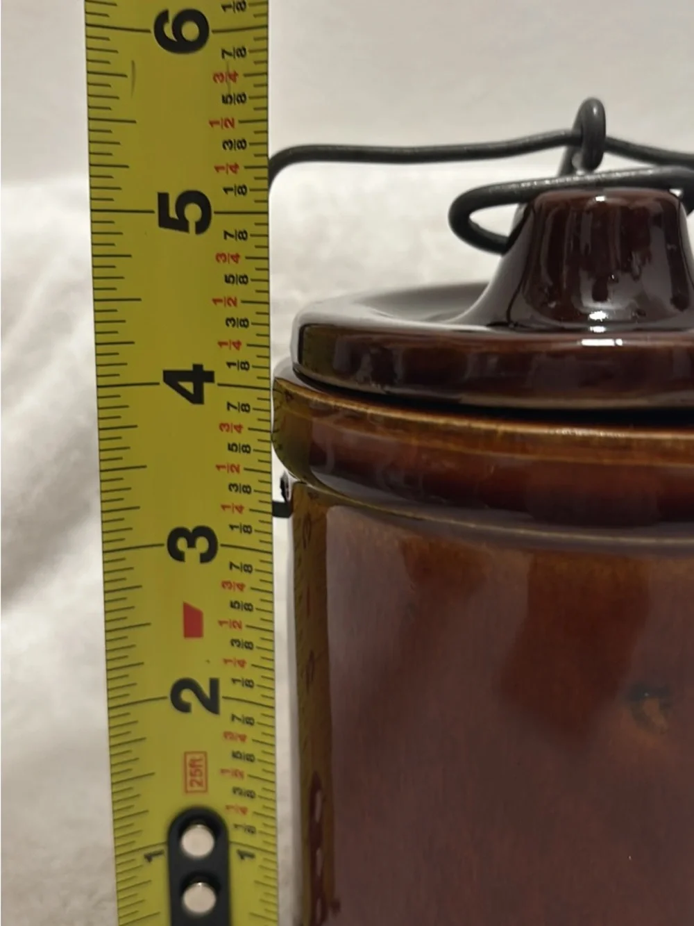 Vintage Brown Ceramic Crock Lidded Canister with Wire Handle - Kitchen Storage